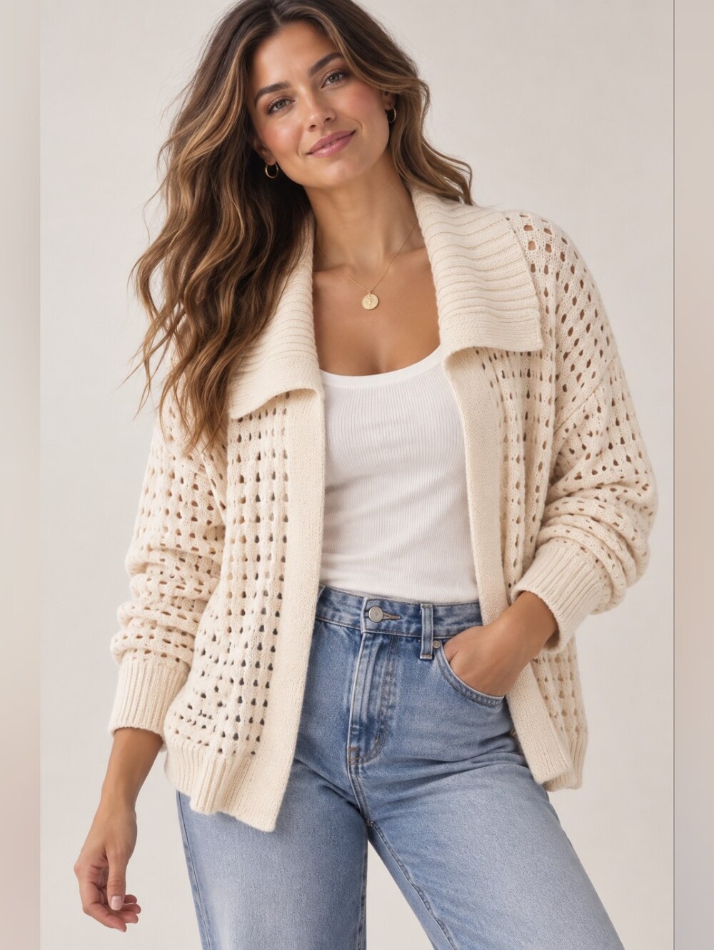 Open Knit Collared Cardigan, Coastal Casual Layering Sweater Nwt 100% Cotton